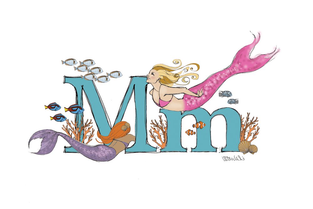 Mermaid Illustrated Initial Letter Print A5