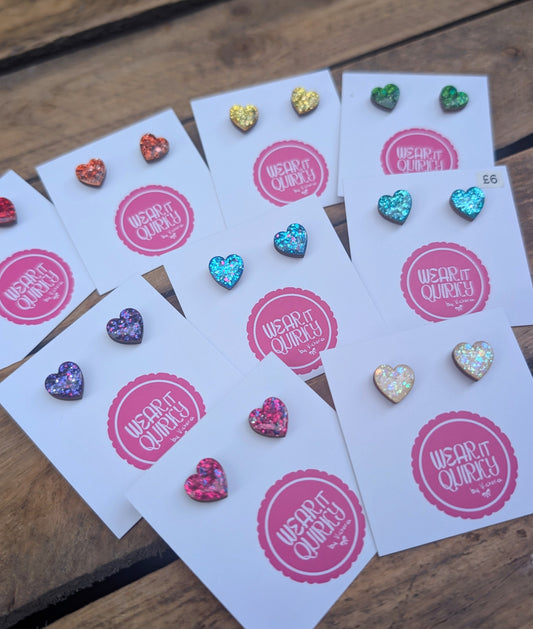 Glitter Heart Stud Earrings - 9 colours available