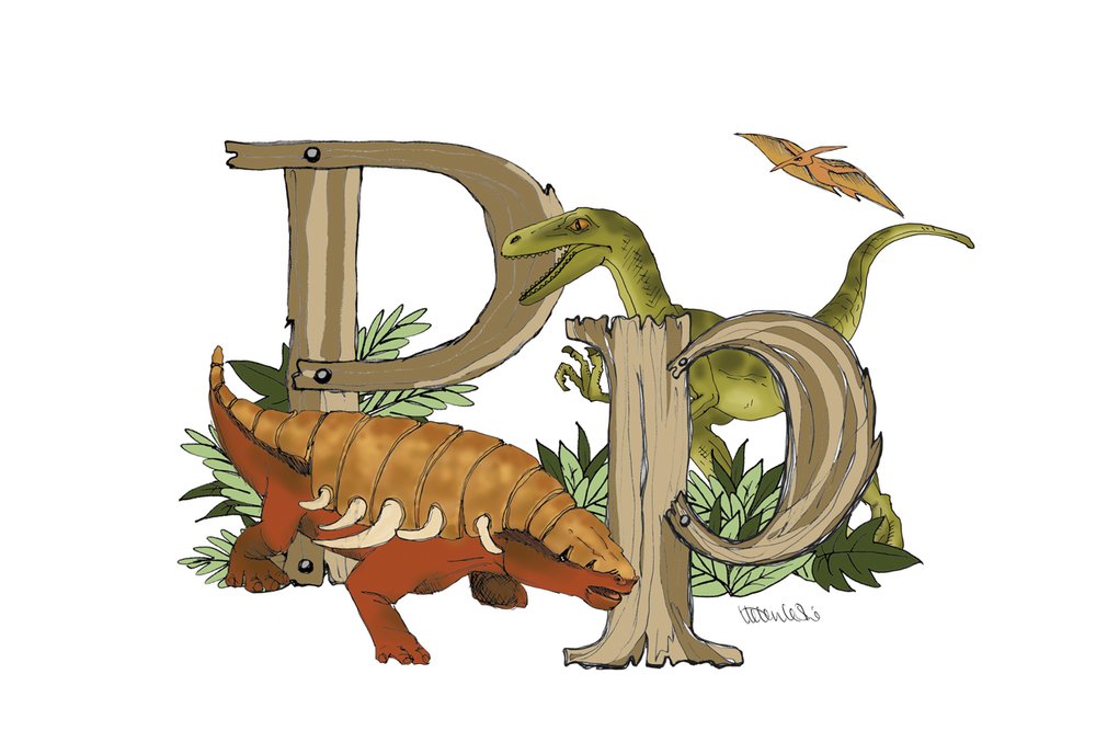 Dinosaurs Illustrated Initial Letter Print A5