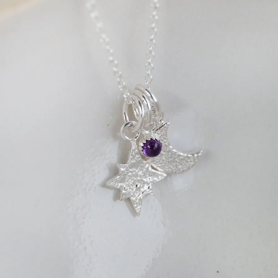 Sterling Silver Precious Stone Star and Moon Pendant
