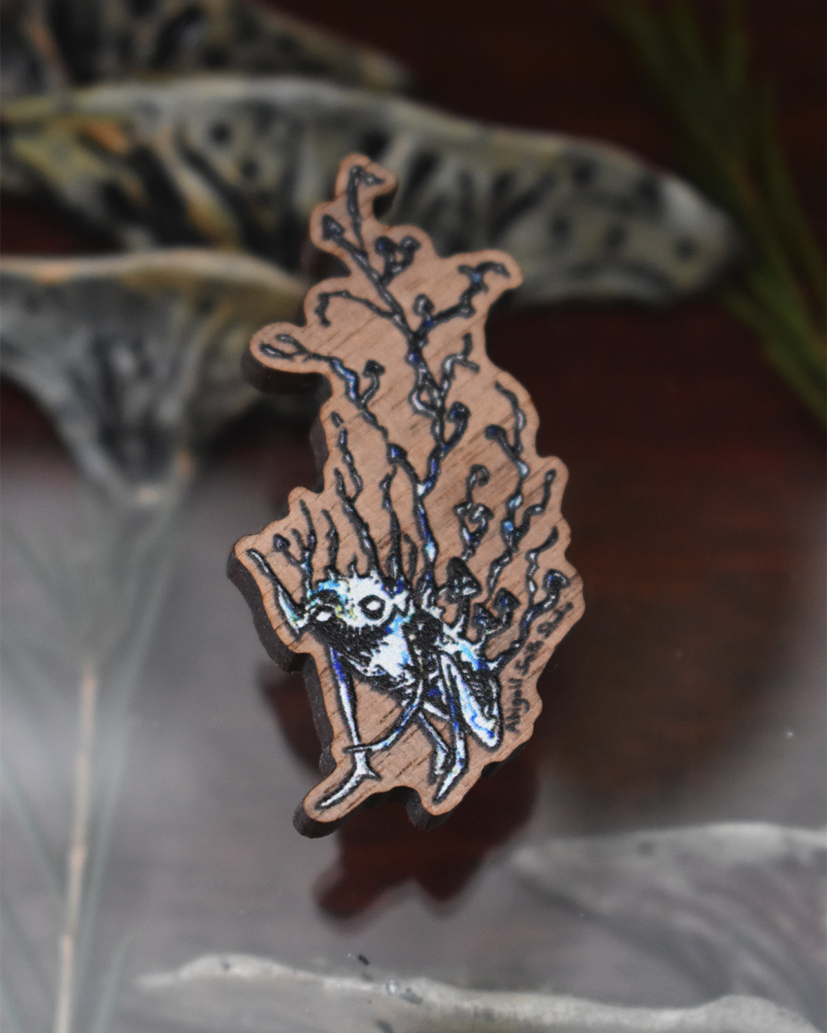 Wooden Mushroom Creature Pin