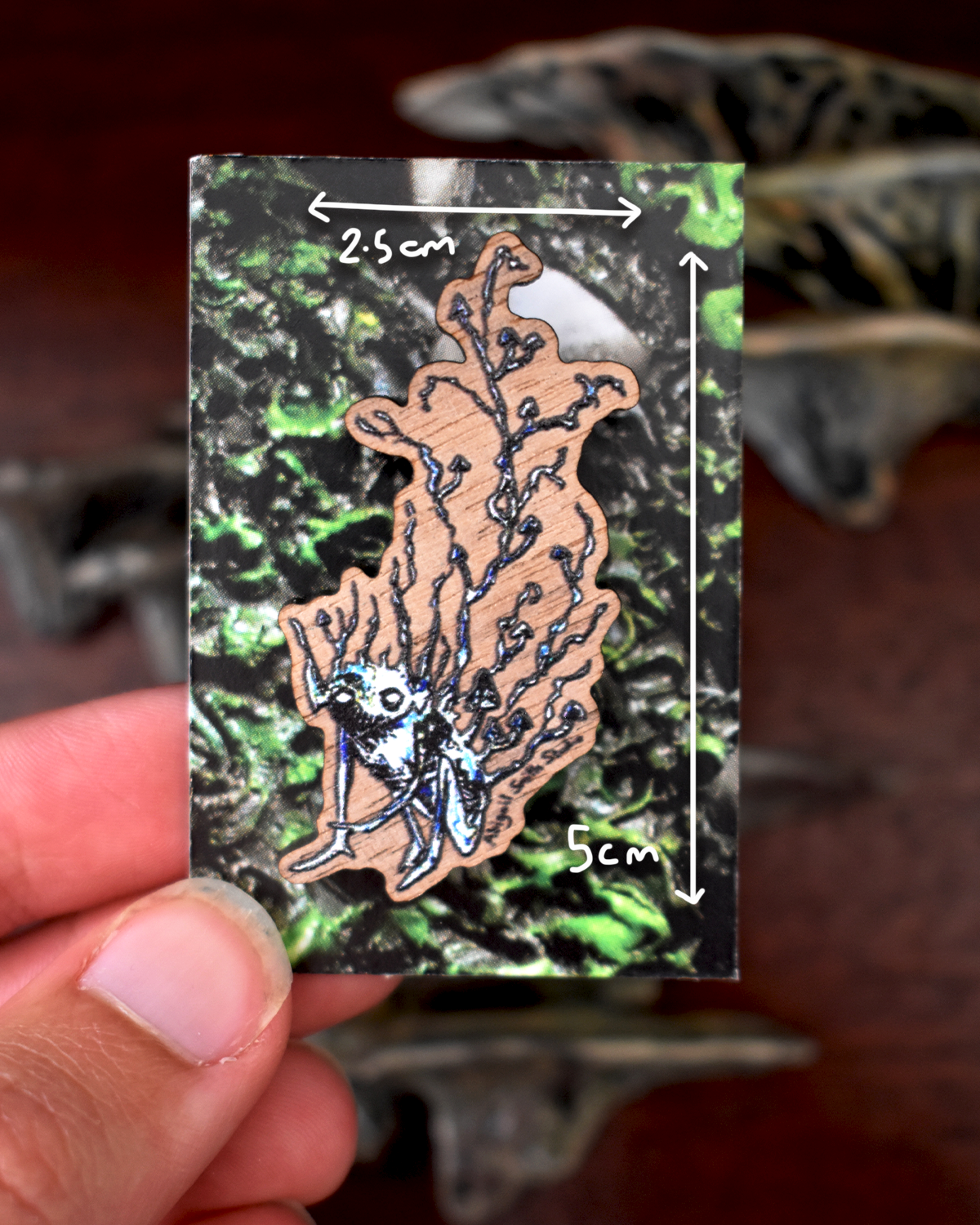 Wooden Mushroom Creature Pin