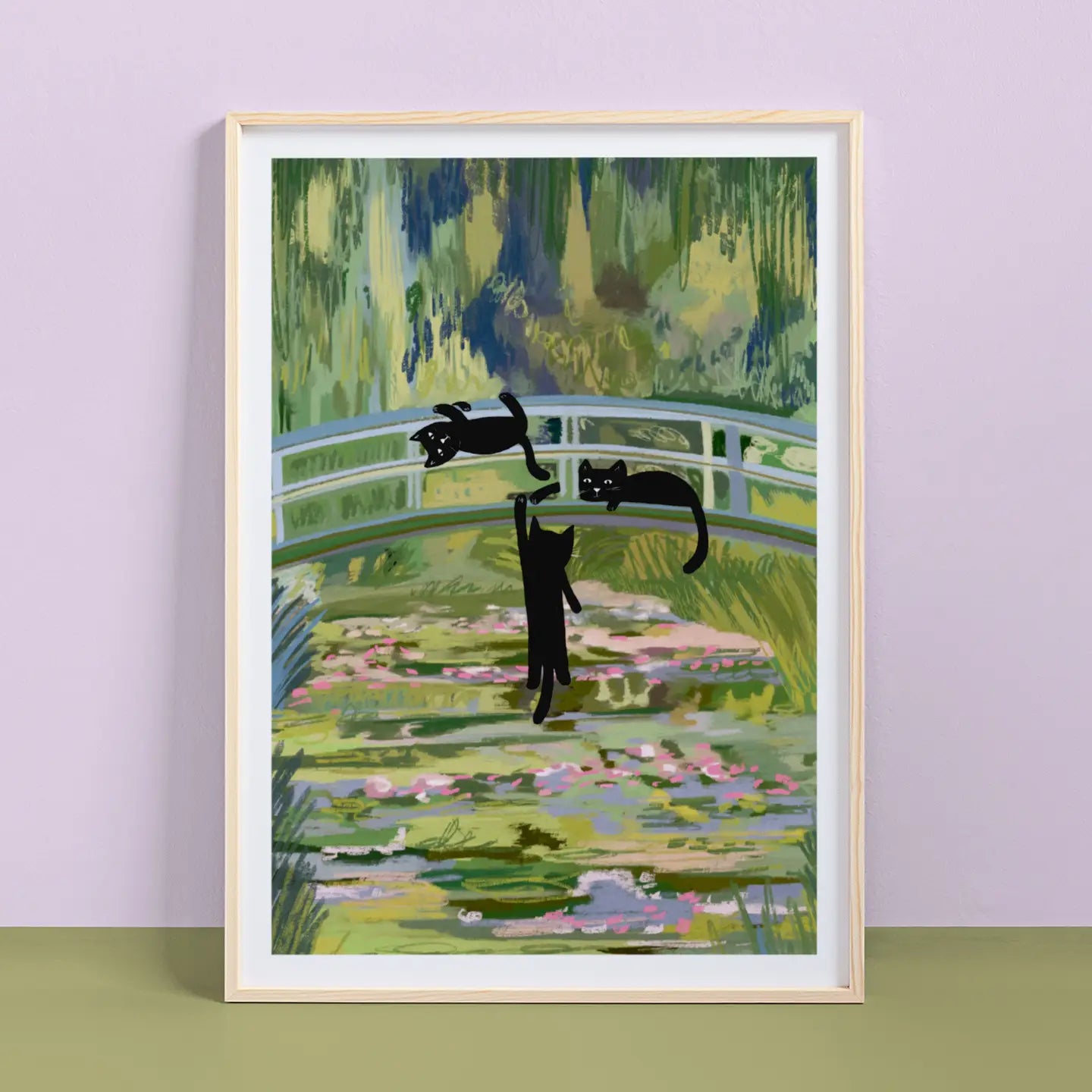 Clawed Monet Cats On A Bridge A4 Art Print