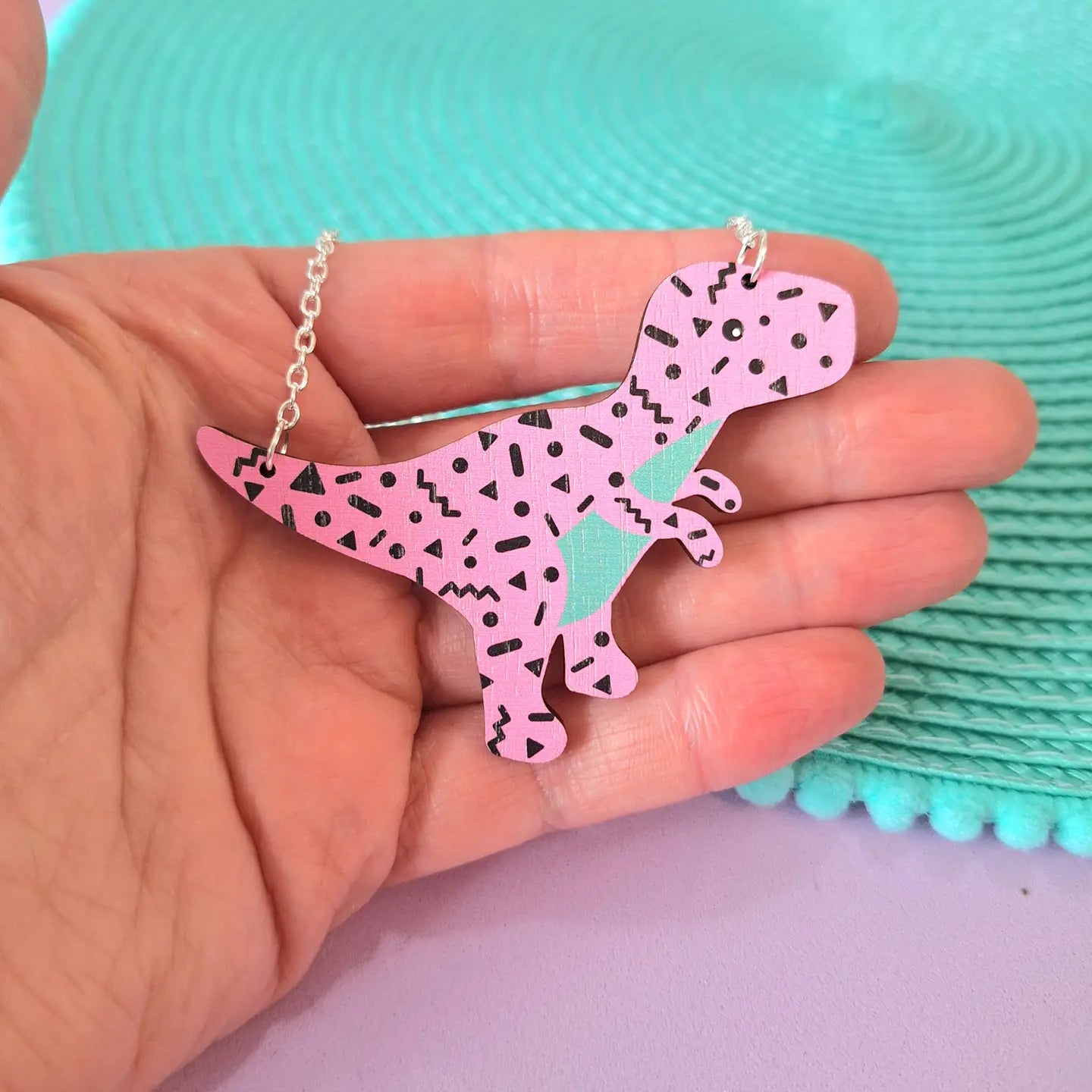 Retro Pattern T-rex Dinosaur Necklace - Pink