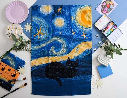 Starry Night Cat Tea Towel