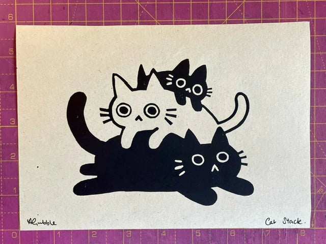 Cat Stack A5 Lino Print