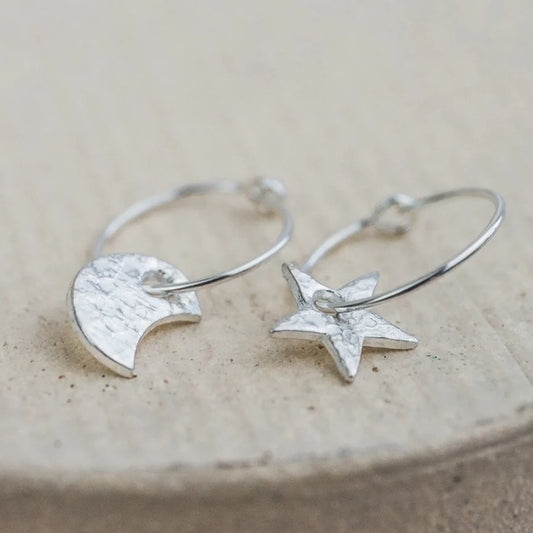 Star & Moon Sterling Silver Hoop Earrings
