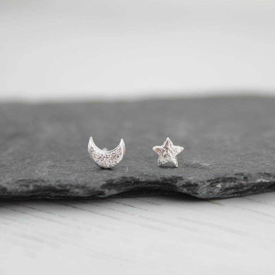 Star & Moon Mismatch Sterling Silver Mini Stud Earrings
