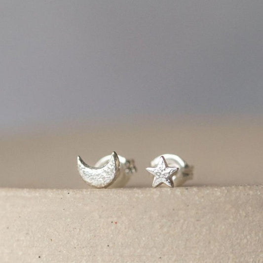 Star & Moon Mismatch Sterling Silver Mini Stud Earrings